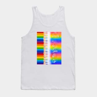 'Variety is the Spice of Life' typography, on a rainbow coloring crayon background. Tank Top